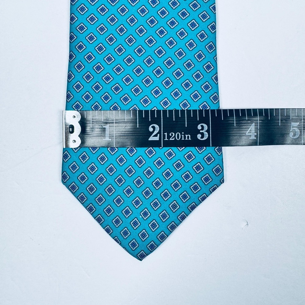 Oakton Ltd Mens Silk Tie Blue Turquoise Geometric Italian Necktie Classic Preppy - Picture 7 of 8